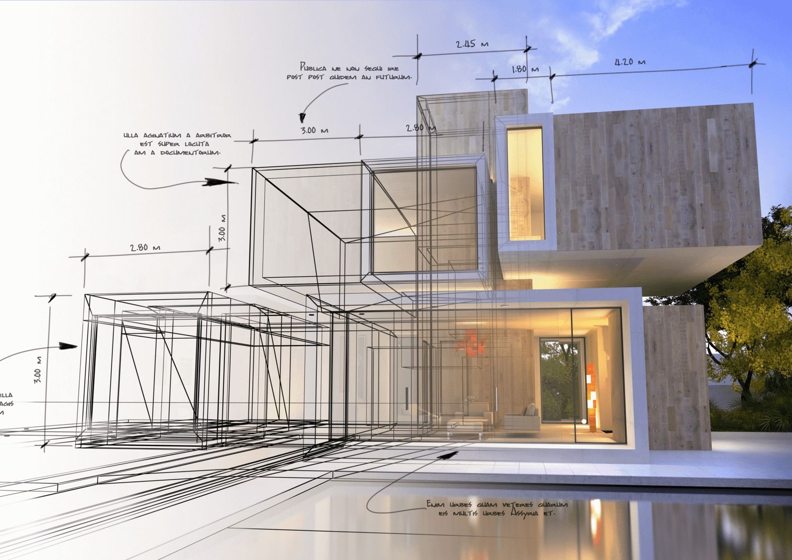 Croquis d'architecte superposé au rendu d'une maison contemporaine