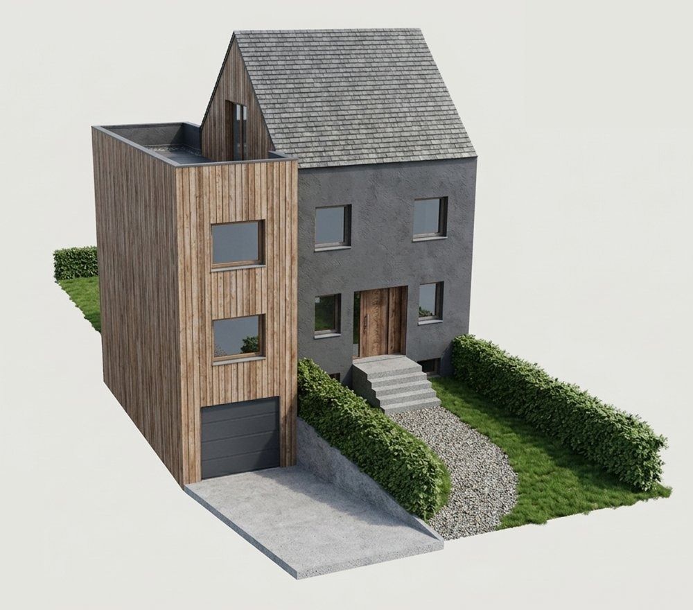 Maquette 3D d'une maison en bois et ardoise, entrée par un escalier entre deux haies