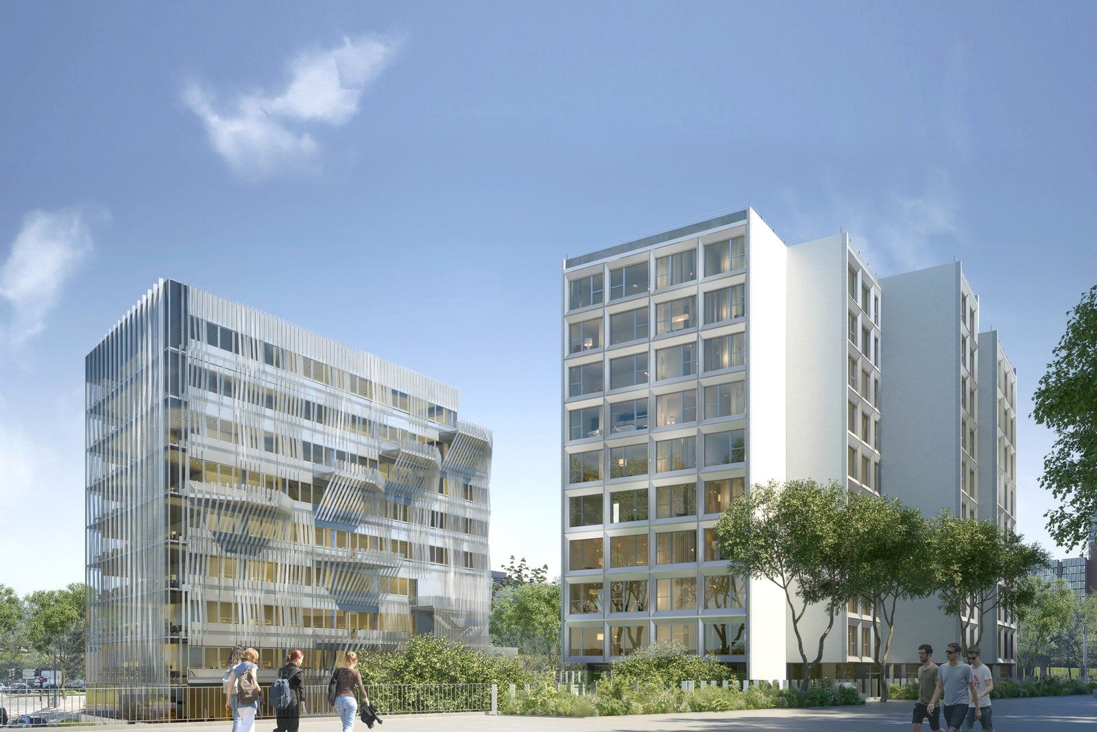 Deux immeubles blancs à façades vitrées entourés d’arbres