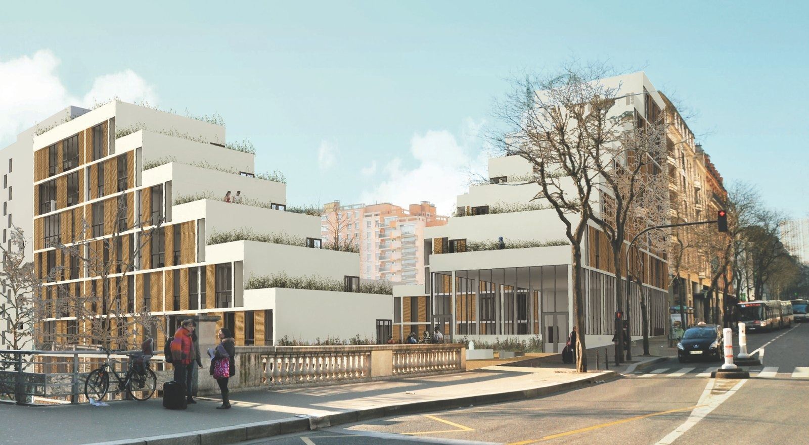 Bâtiment en gradins à bardage bois et terrasses plantées, vu depuis une rue parisienne
